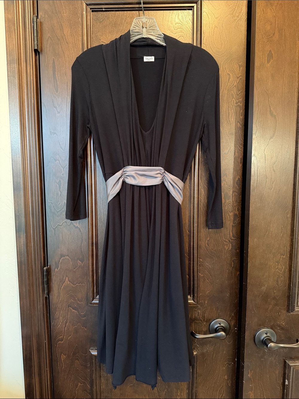 Splendid Black Long Sleeve Maxi Dress – Draped Neck, Ruched Waist, Satin Tie